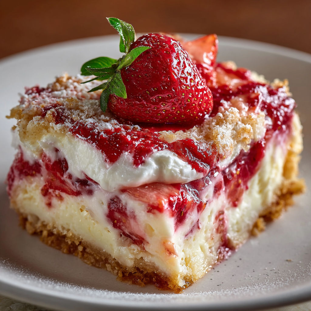 A slice of Donna Wood Strawberry Cheesecake Dump Cake is served on a white plate.
