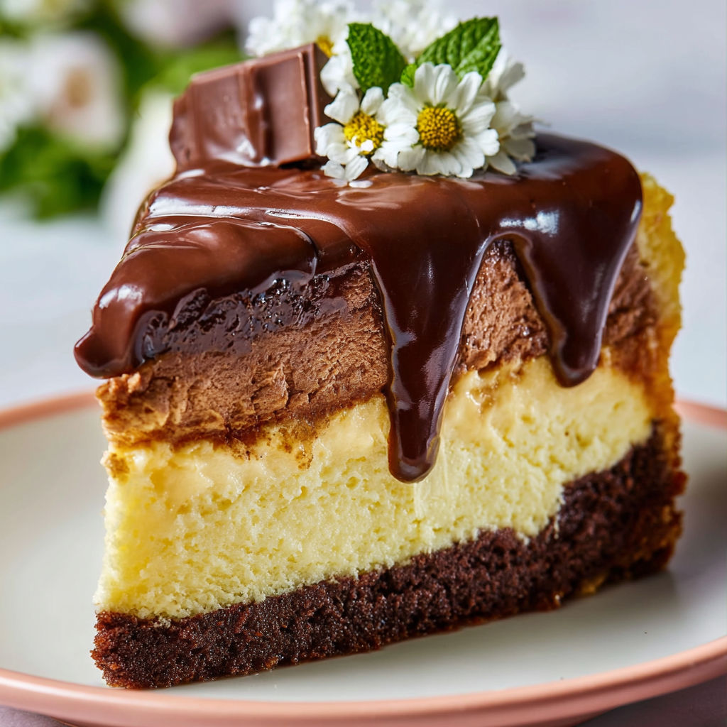 A slice of Boston Cream Pie Cheesecake with chocolate drizzle and white flowers on top.