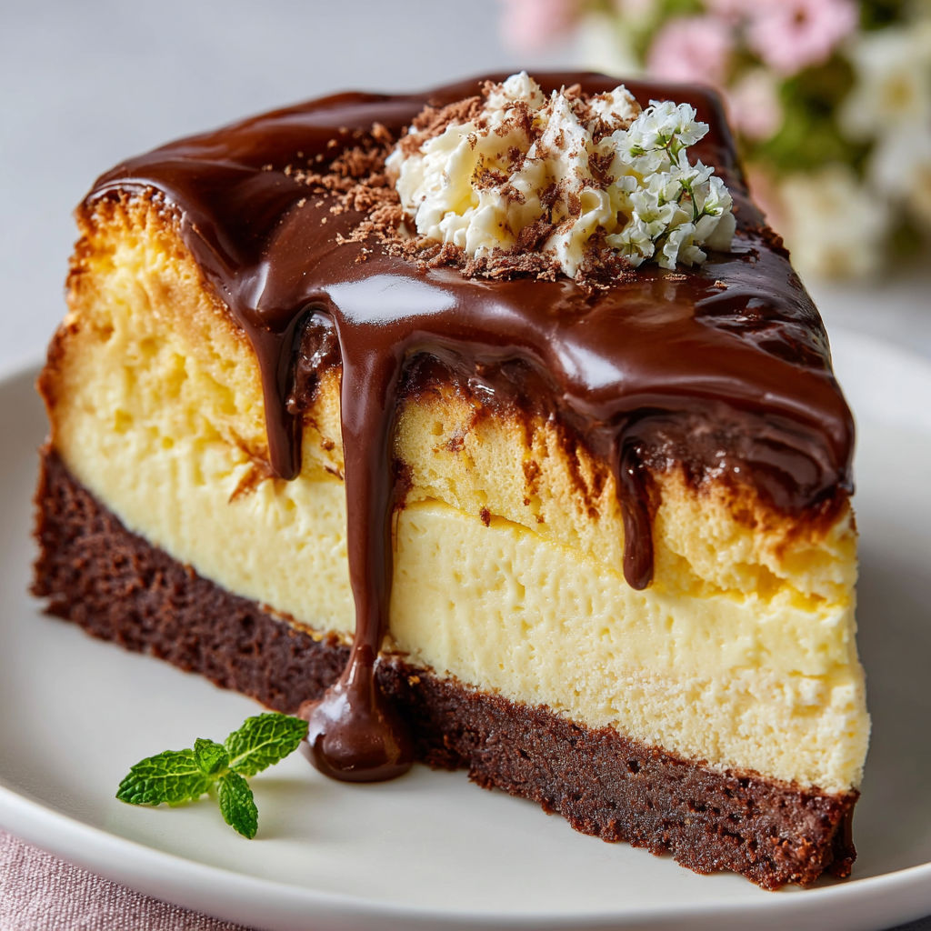 A slice of chocolate cheesecake with chocolate drizzle and whipped cream on top.