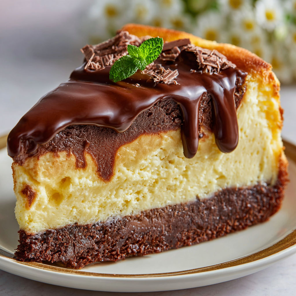 A slice of chocolate cheesecake with chocolate drizzle on a plate.