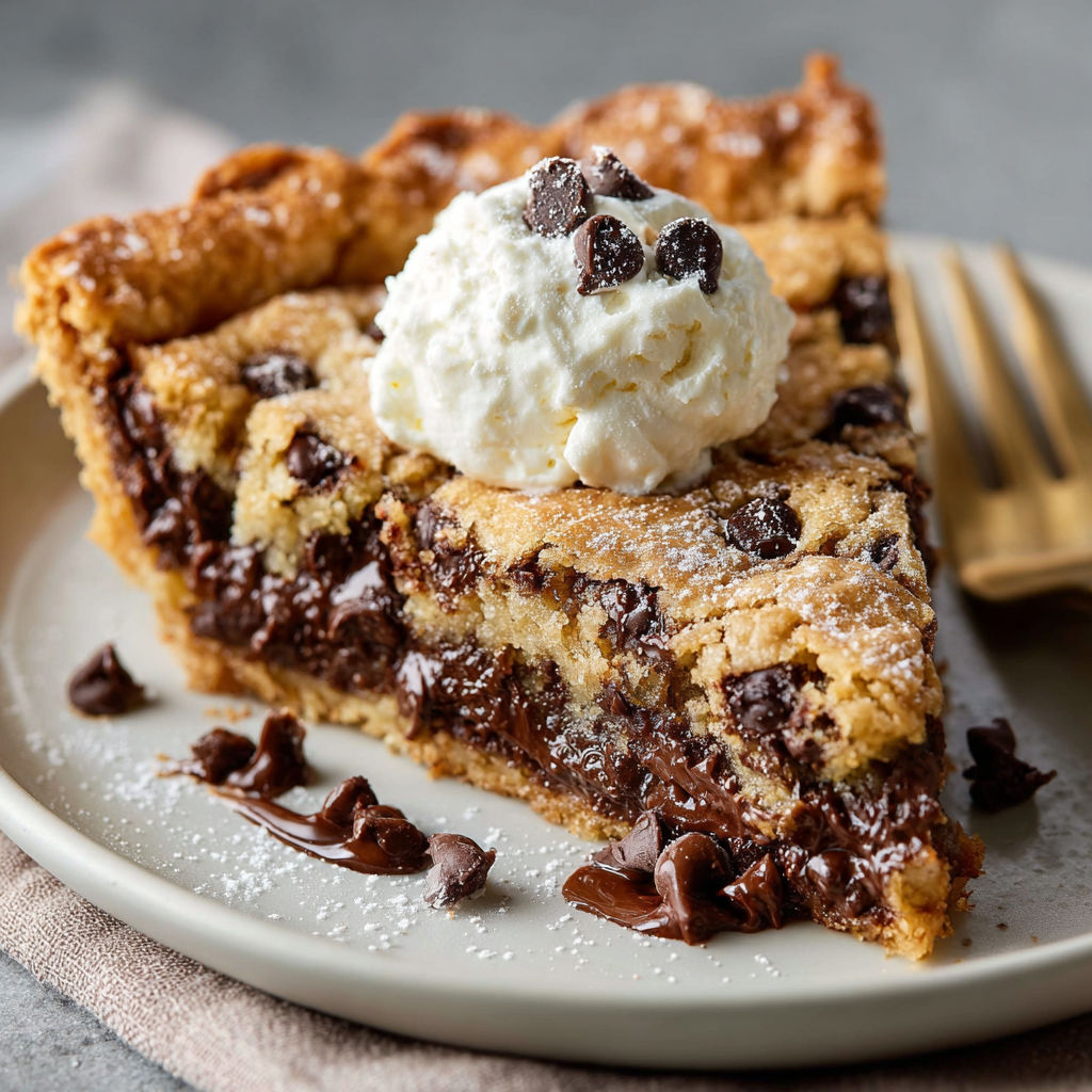 A slice of Easy Chocolate Chip Cookie Pie with a dollop of whipped cream on top.