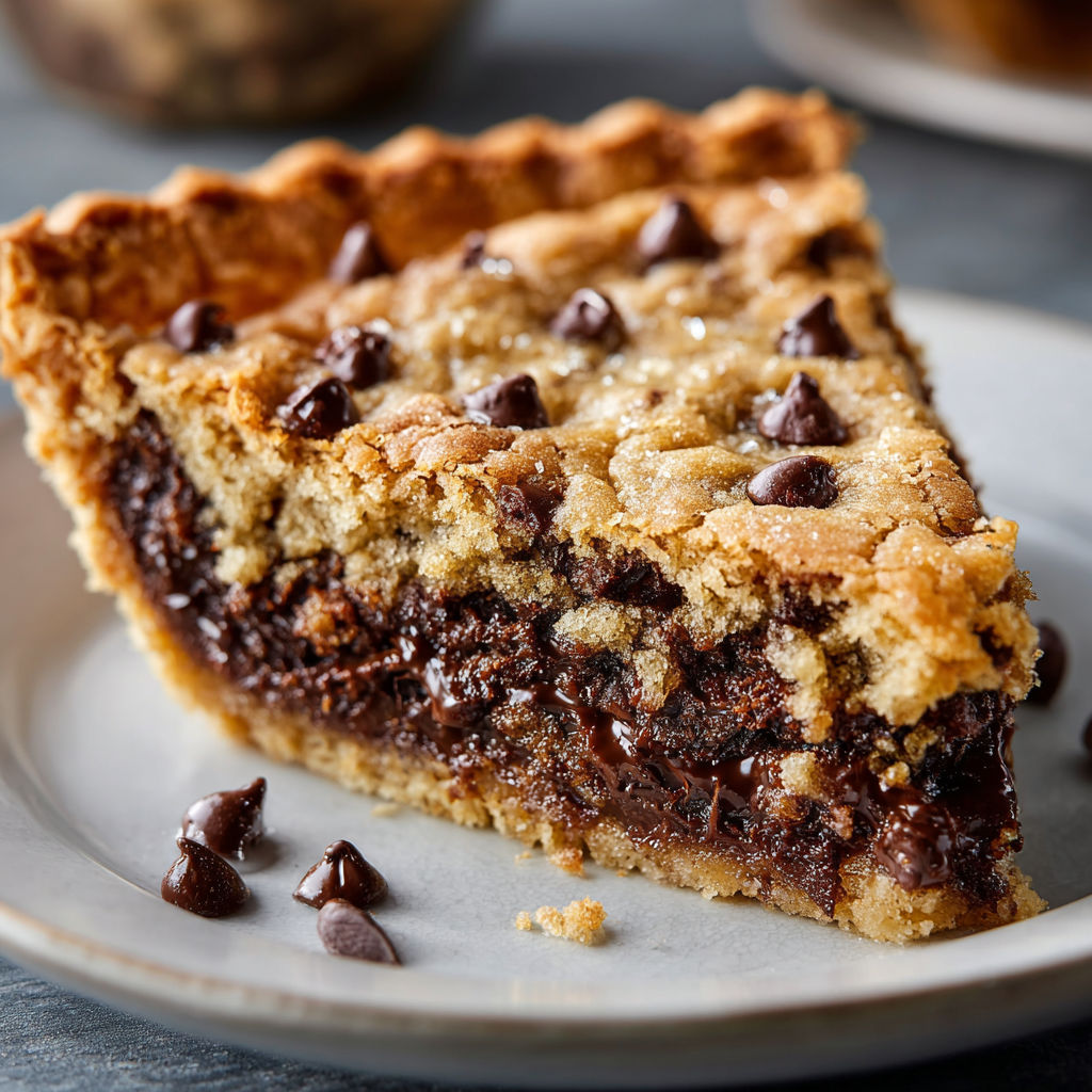 A slice of chocolate pie with chocolate chips on a plate.