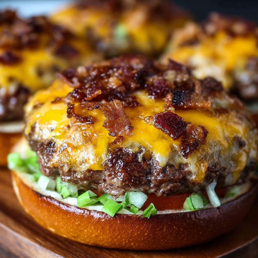 A close up of a cheeseburger with bacon and lettuce on a bun.
