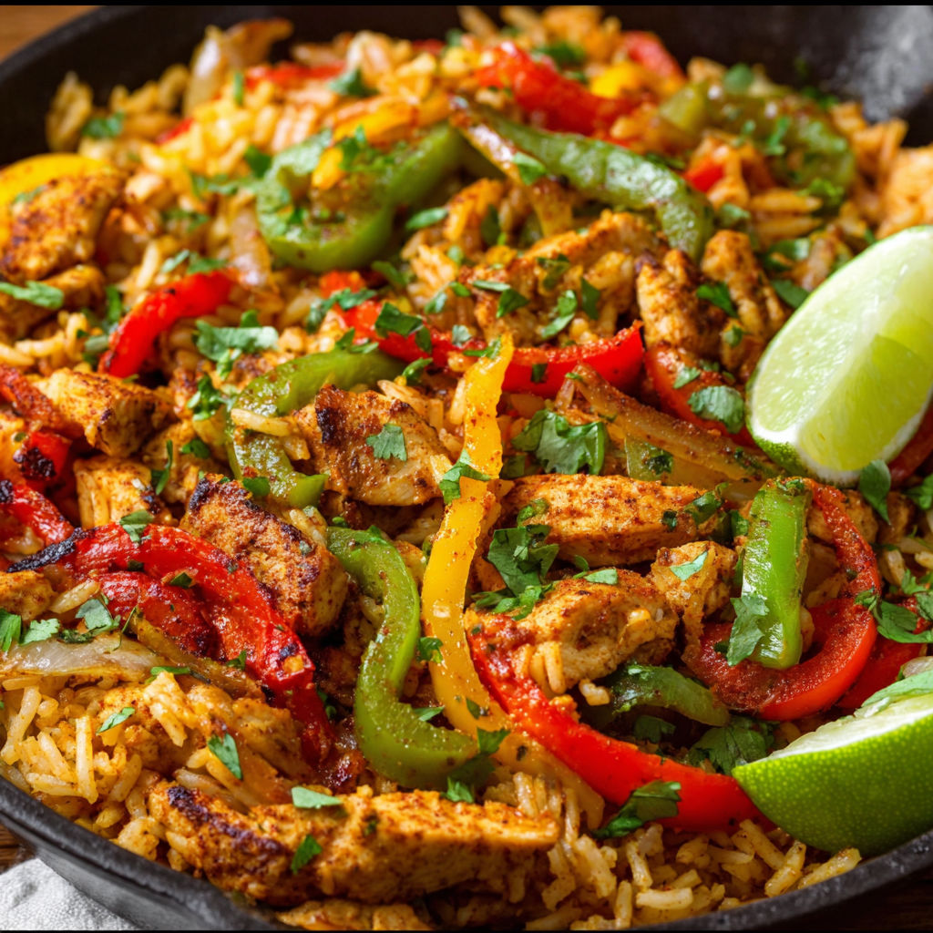 A delicious stir fry with rice, peppers, onions, and chicken.