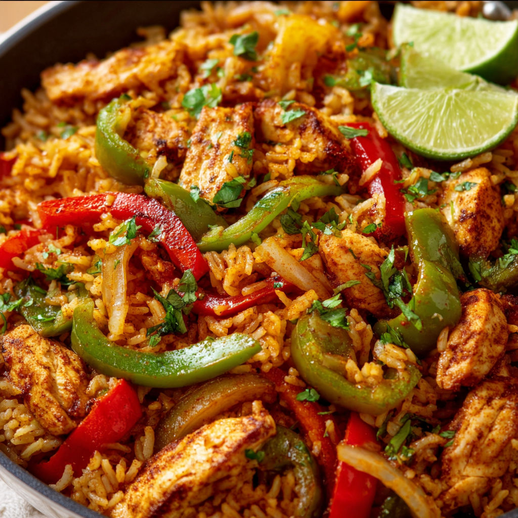A delicious rice dish with chicken, peppers, and lime.