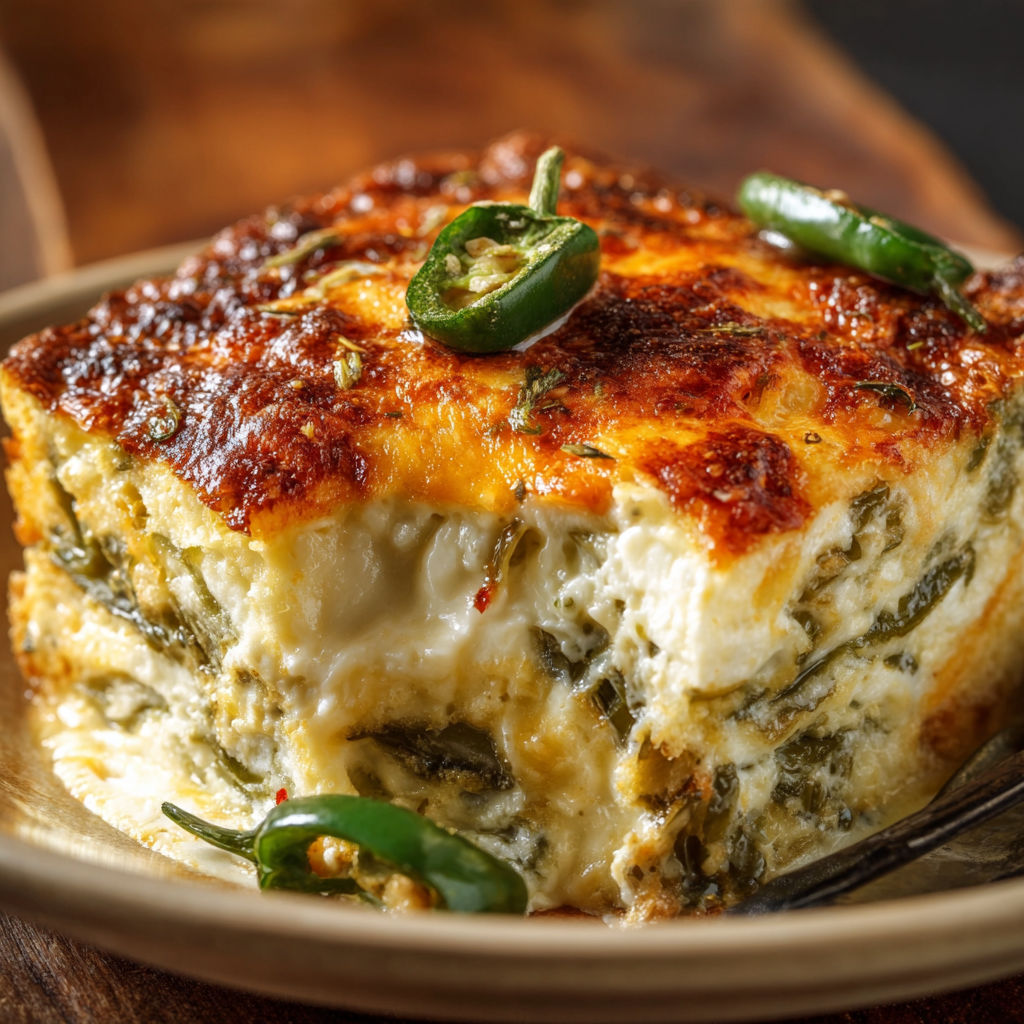A delicious casserole dish with a slice of cheese and peppers on top.