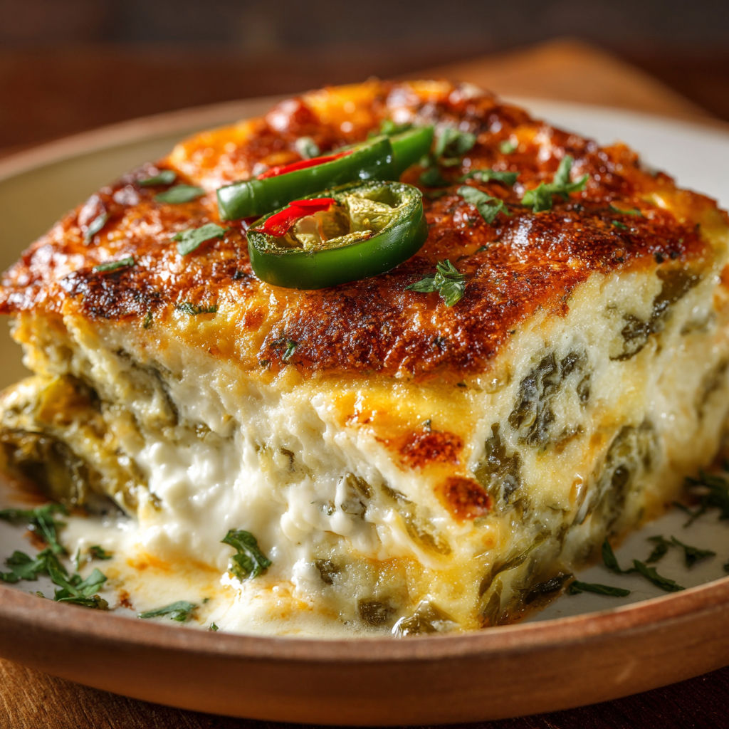 A delicious casserole dish with a spicy kick, topped with jalapenos and cheese.