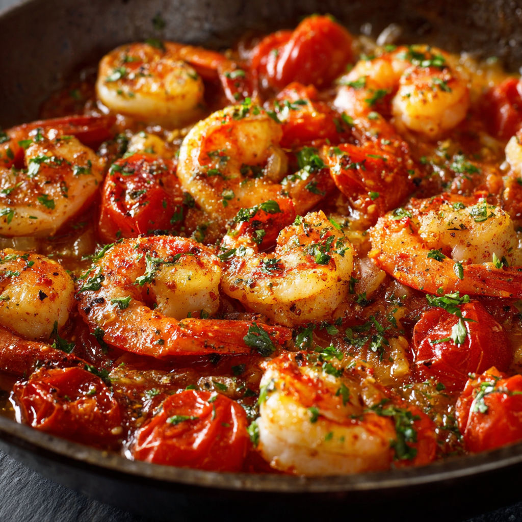 A delicious shrimp recipe with tomatoes, onions, and herbs, cooked in a pan.