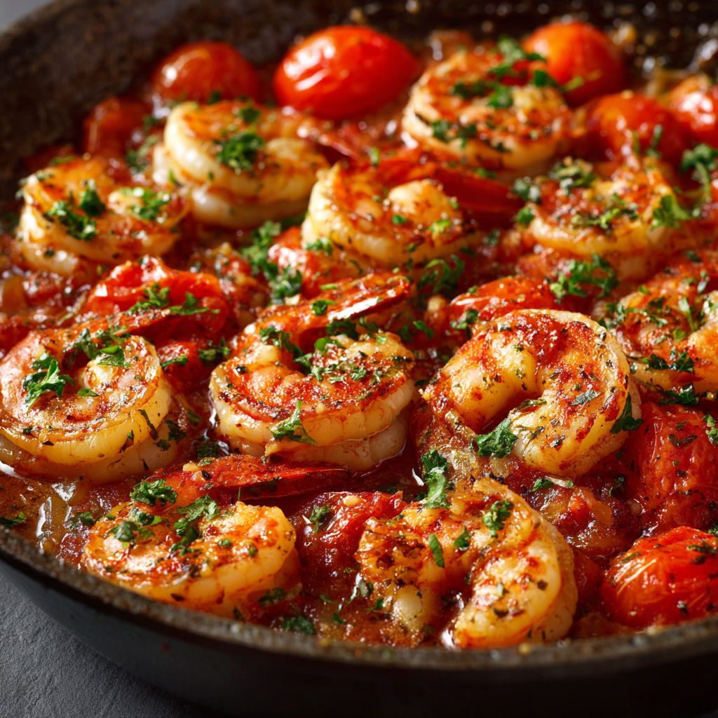 A delicious shrimp recipe with tomatoes, served in a black bowl.