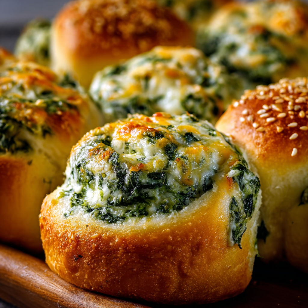 A plate of freshly baked bread rolls filled with spinach and cheese.