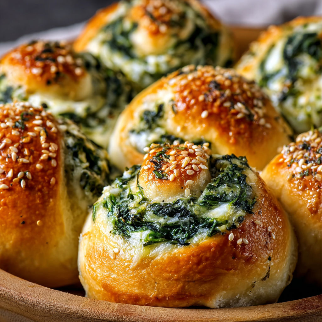 A wooden bowl filled with freshly baked bread rolls with a green topping.