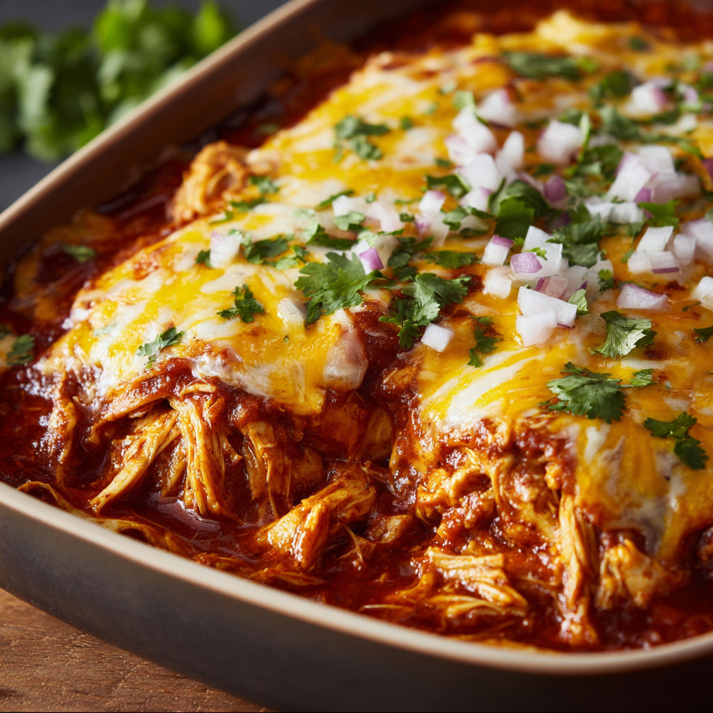 A delicious Spicy Red Chile Pulled Chicken Tortilla Bake is served in a brown dish.