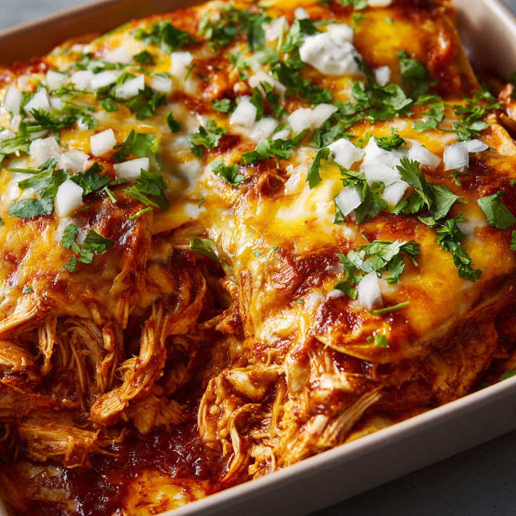 A dish of Spicy Red Chile Pulled Chicken Tortilla Bake is served in a bowl.