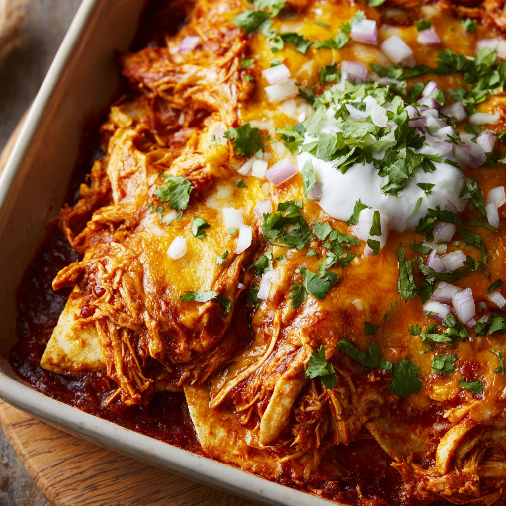 A delicious Spicy Red Chile Pulled Chicken Tortilla Bake is served in a pan.