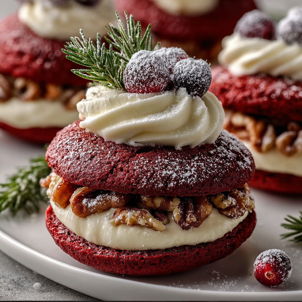 A close up of a red velvet wreath whoopie pie with white frosting and a dusting of powdered sugar.