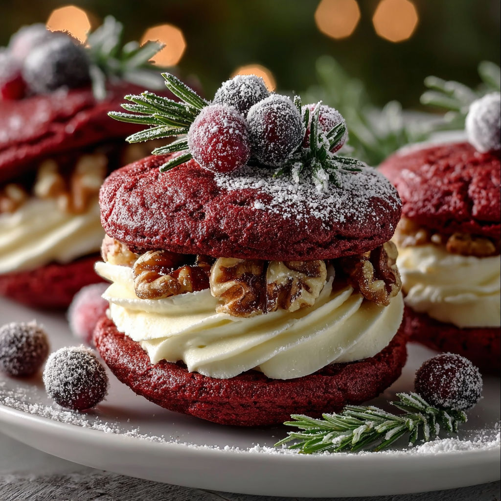 A plate of red velvet wreath whoopie pies with white frosting and raspberries on top.