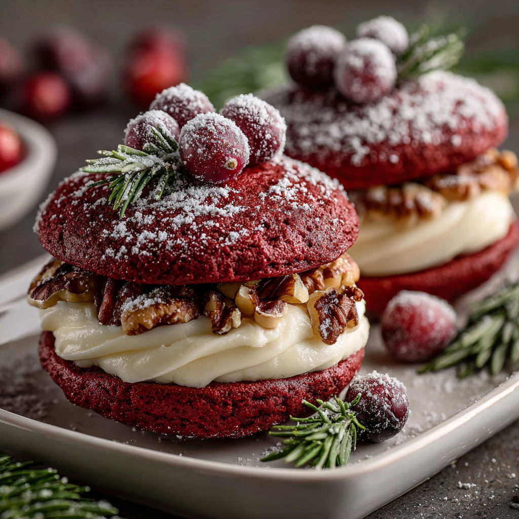 Red velvet wreath whoopie pies with white frosting and cranberries.