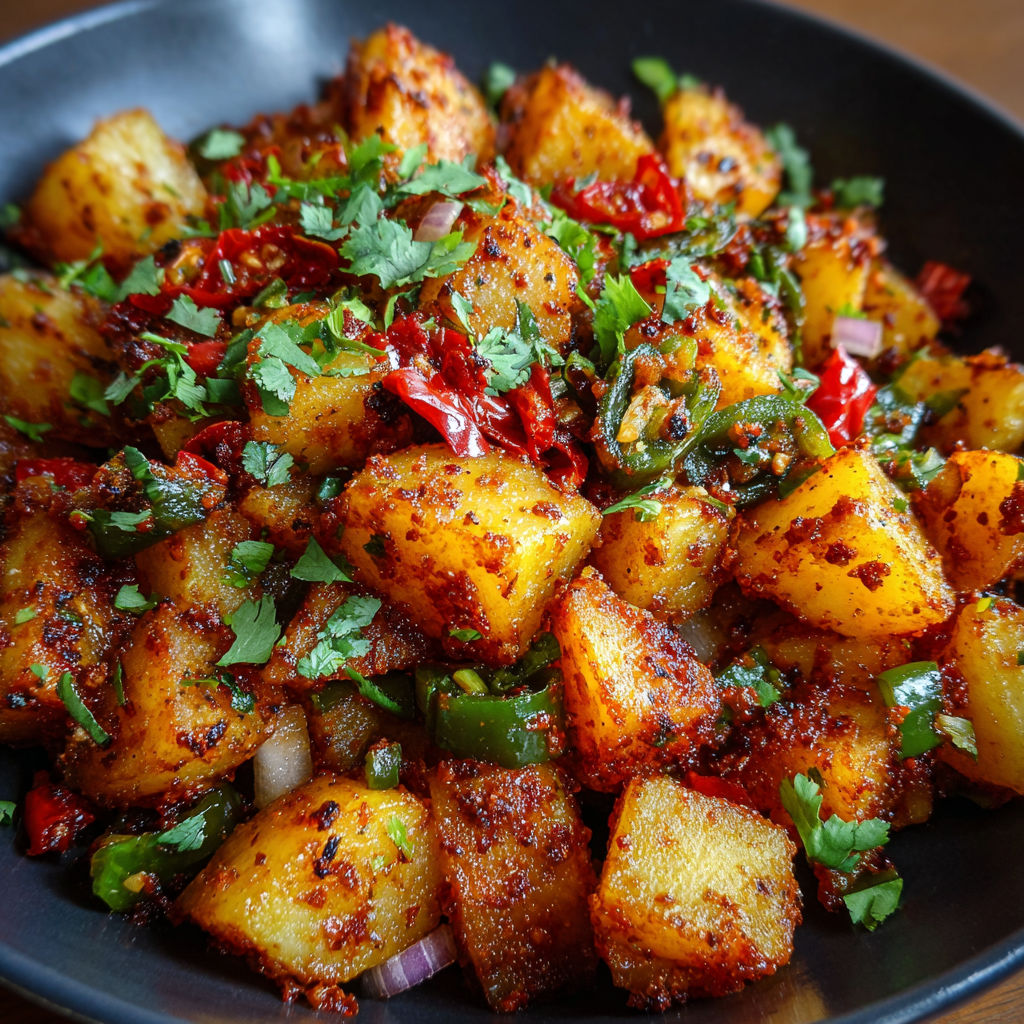 A bowl of Spicy Mexican Street Potatoes, topped with green onions and red peppers, is ready to be enjoyed.