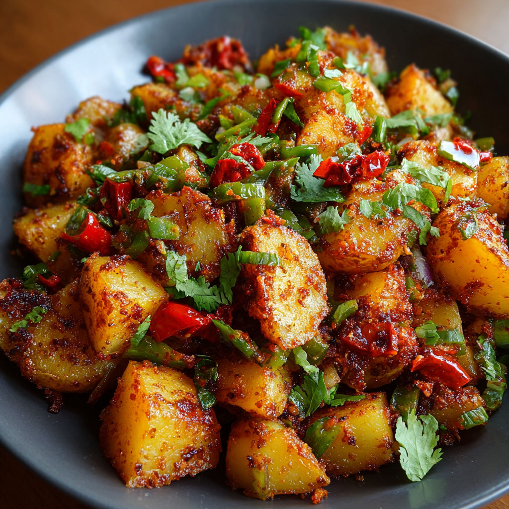 A bowl of food with a variety of vegetables, including potatoes, peppers, and onions, is presented on a table. The dish appears to be a delicious and healthy meal, possibly a stir fry or a vegetable medley.