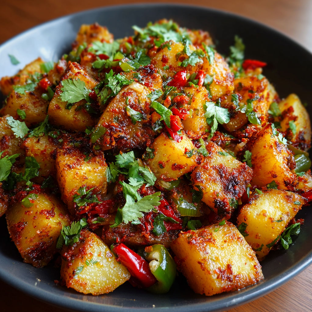 A bowl of food with a variety of ingredients, including potatoes, peppers, and onions, is presented on a wooden table. The dish appears to be a delicious and hearty meal, possibly a stew or a stir-fry.