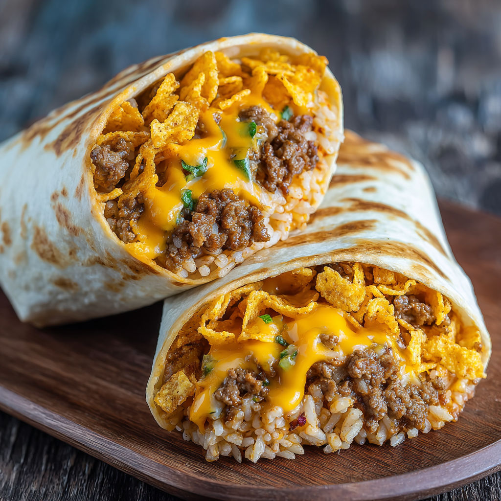 A delicious burrito filled with rice, meat, and cheese is served on a wooden platter.