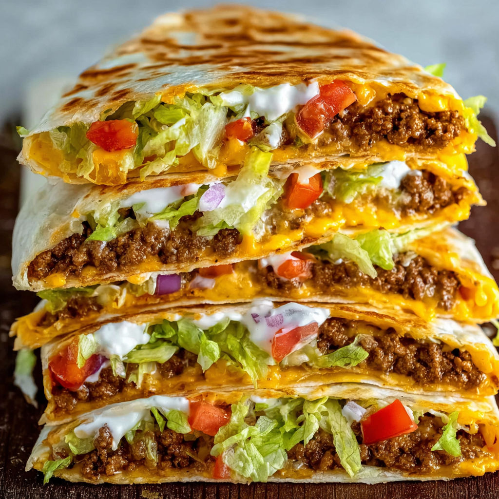 A stack of three Crunchwrap Supremes, filled with lettuce, tomatoes, and cheese, sits on a table.