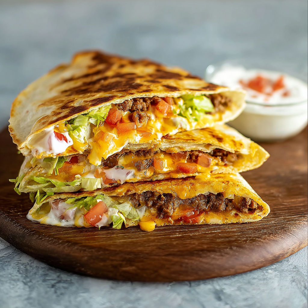 A delicious Crunchwrap Supreme is served on a wooden platter, with lettuce, tomatoes, and cheese.