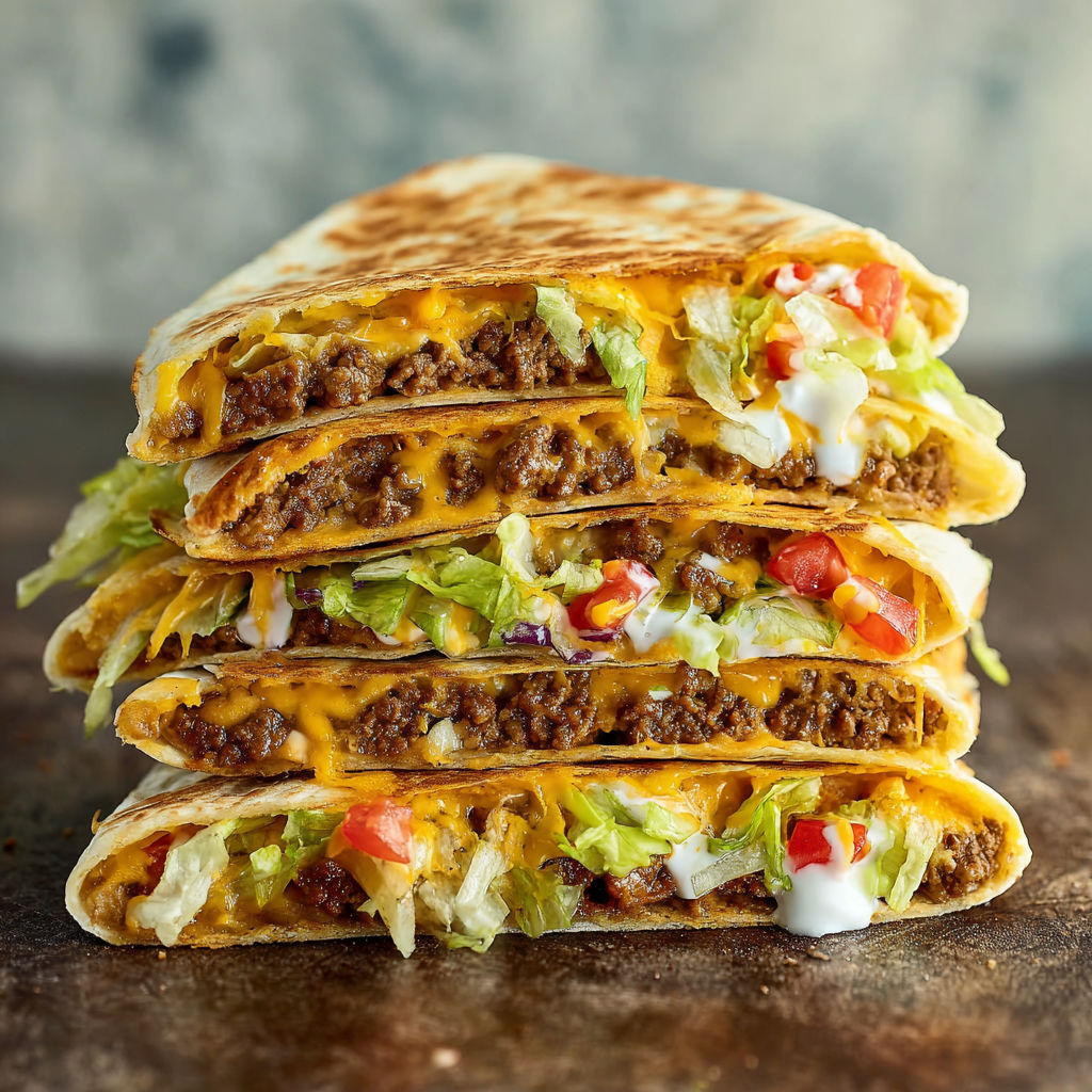 A stack of three Crunchwrap Supreme sandwiches, filled with cheese, lettuce, tomatoes, and sour cream.