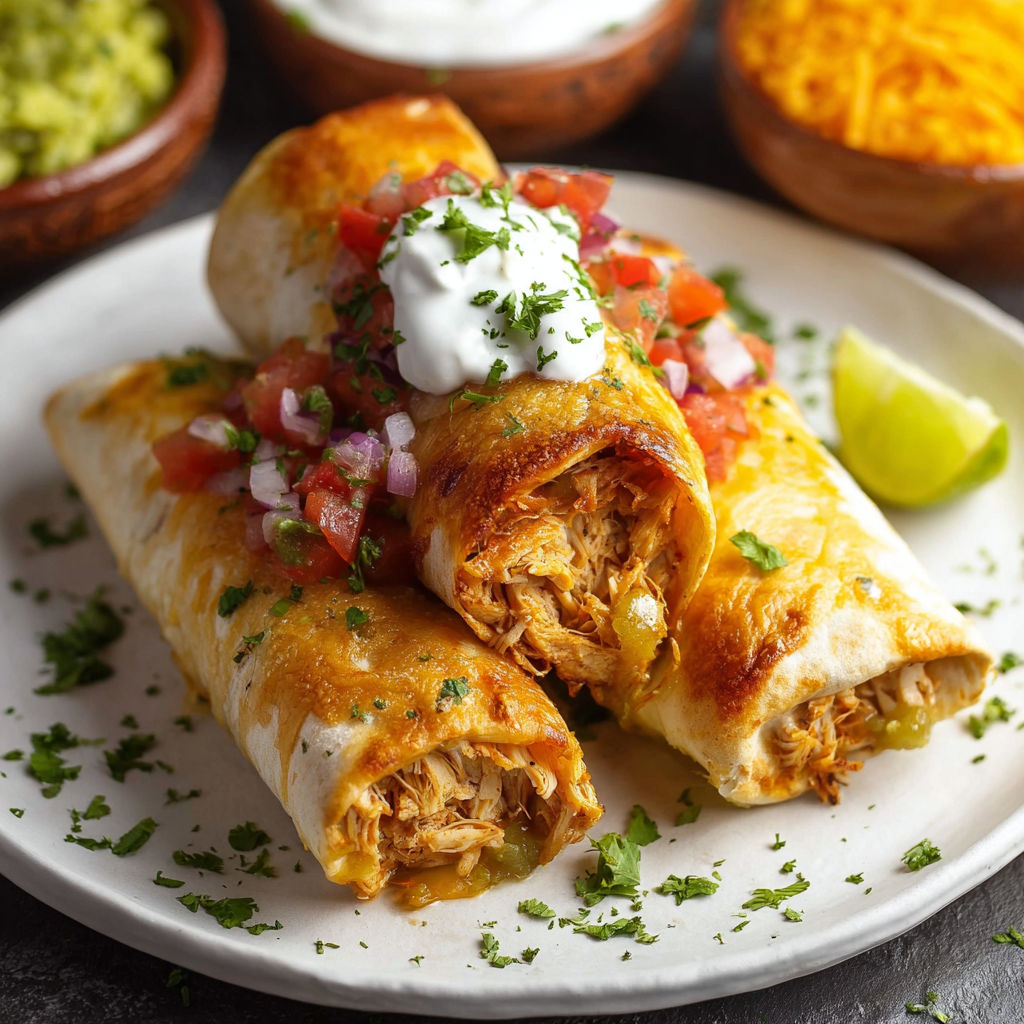 A plate of Chicken Chimichangas with sour cream and tomatoes on top.