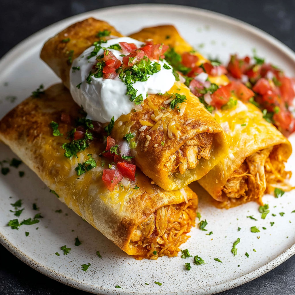 A plate of chicken chimichangas with white cheese and tomatoes on top.