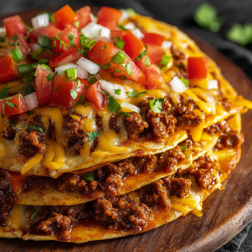 A delicious Mexican pizza with cheese, tomatoes, and onions, served on a wooden platter.