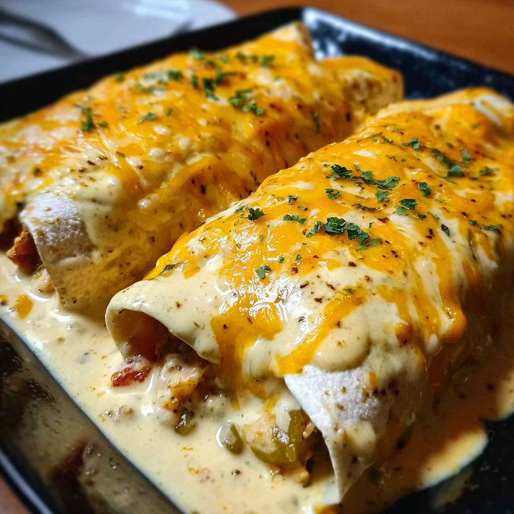 Two delicious cheesy chicken enchiladas with a creamy sauce, ready to be enjoyed.