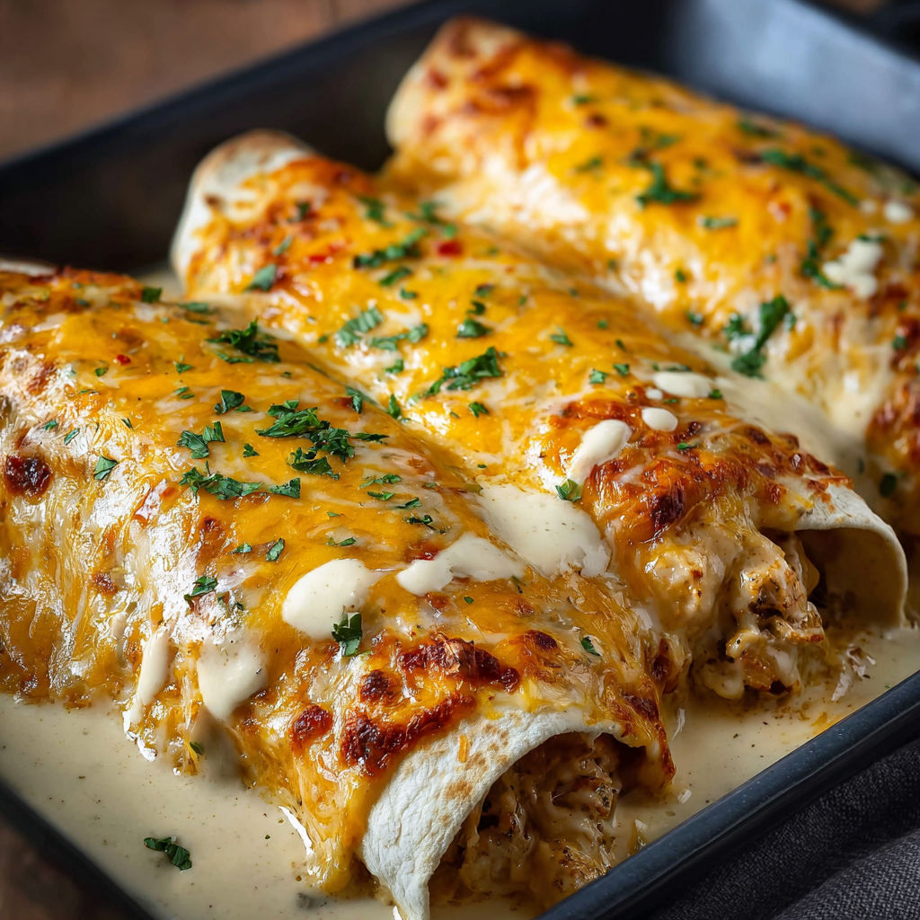 A delicious meal of chicken enchiladas with cheese and spices, served in a black dish.