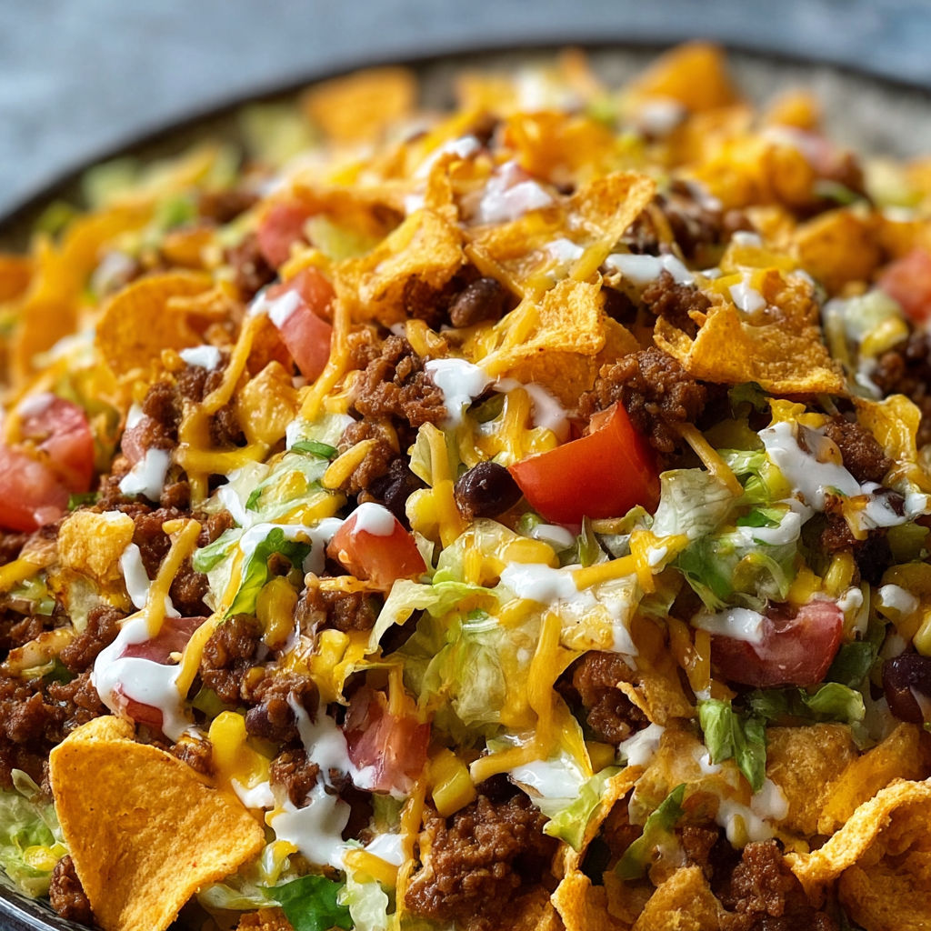 A delicious Frito Cowboy Cabbage dish is served in a bowl, featuring a mix of ingredients such as lettuce, tomatoes, cheese, and beans.