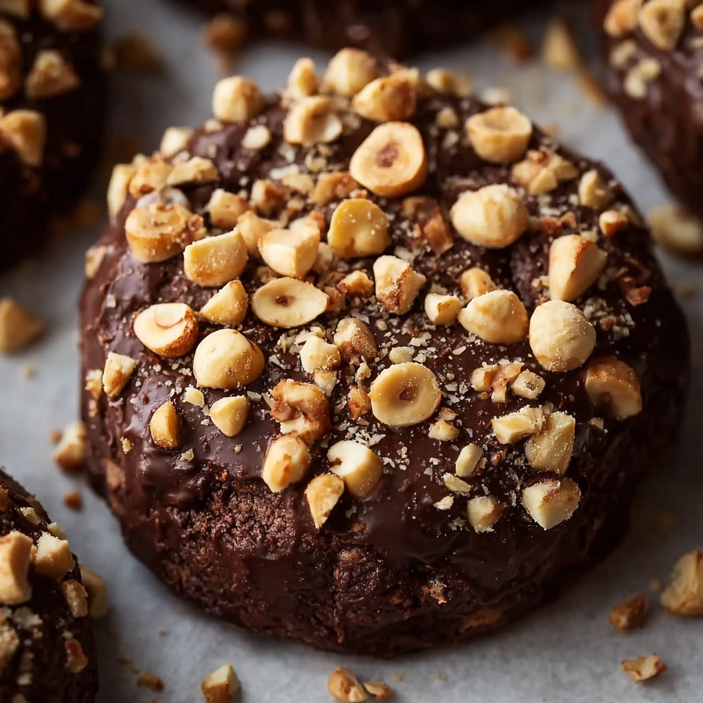 A close up of a chocolate hazelnut crunch cookie with chopped hazelnuts on top.