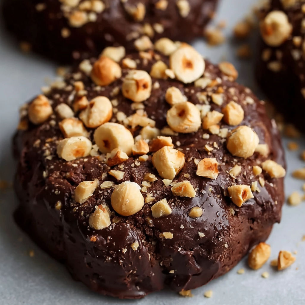 A close up of a Chocolate Hazelnut Crunch Cookie with chopped hazelnuts on top.