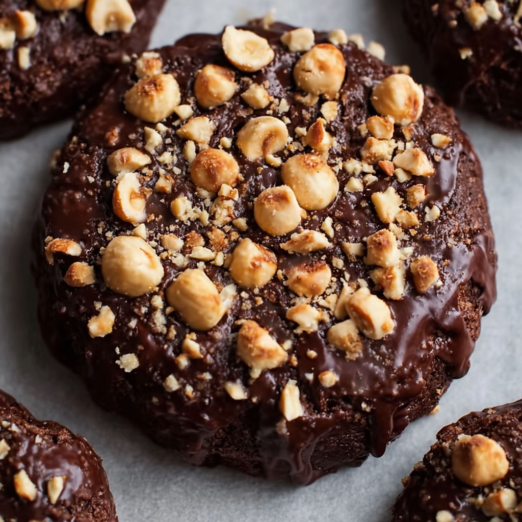A close up of a Chocolate Hazelnut Crunch Cookie with nuts on top.