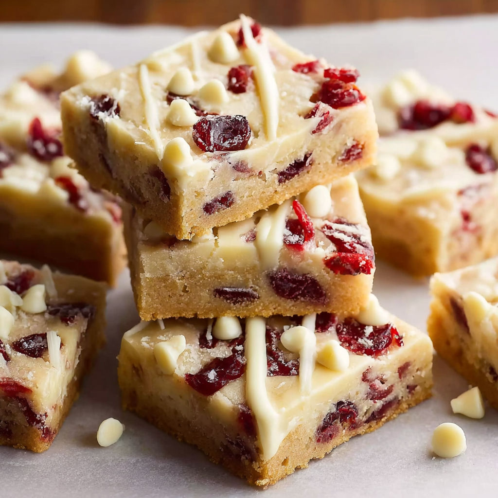A stack of white and red squares of dessert, possibly a cake or cookie, with white icing and red berries.