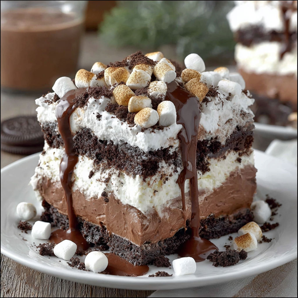 A delicious Hot Chocolate Lasagna Dessert is served on a white plate.