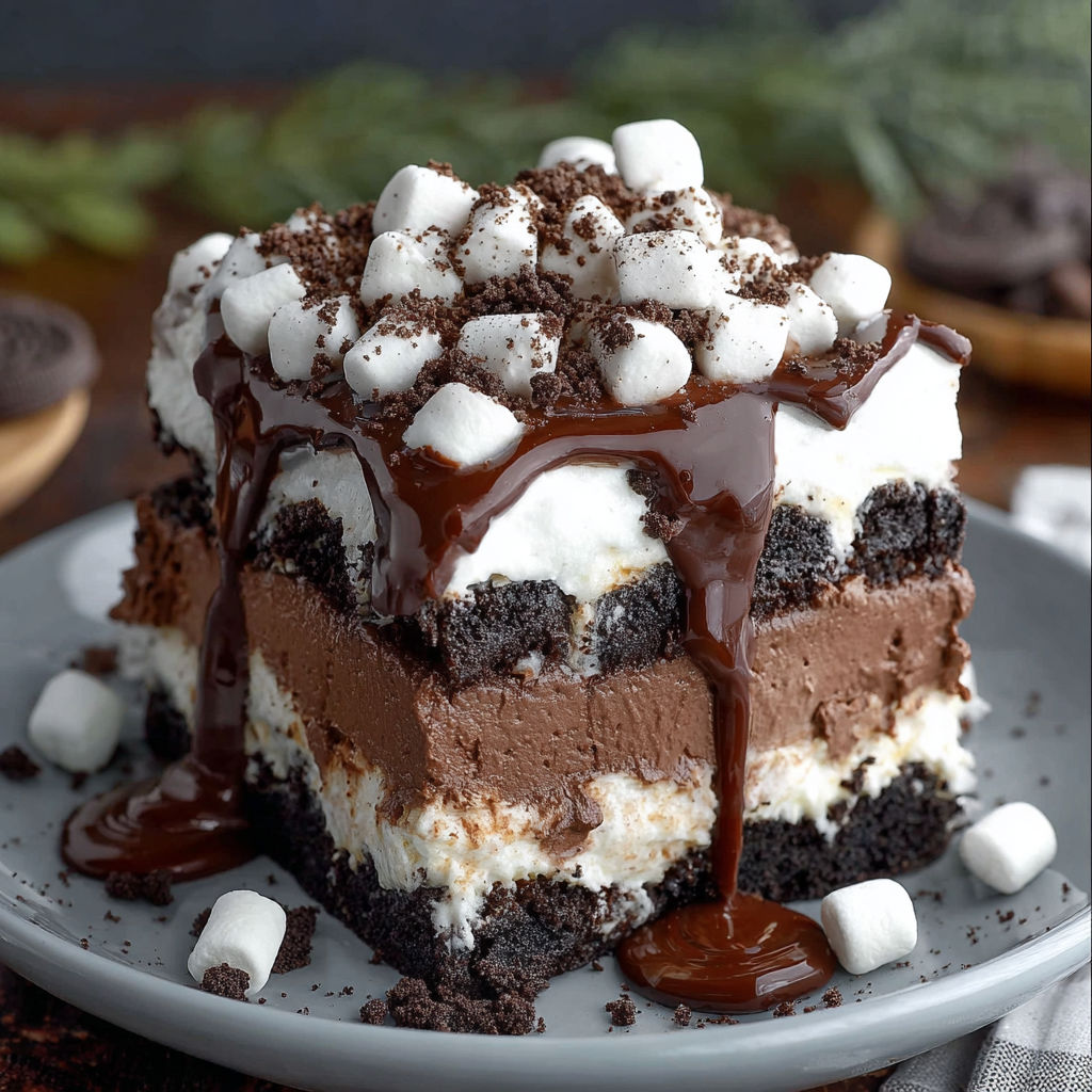 A delicious Hot Chocolate Lasagna Dessert is displayed on a plate, with chocolate drizzled over the top.