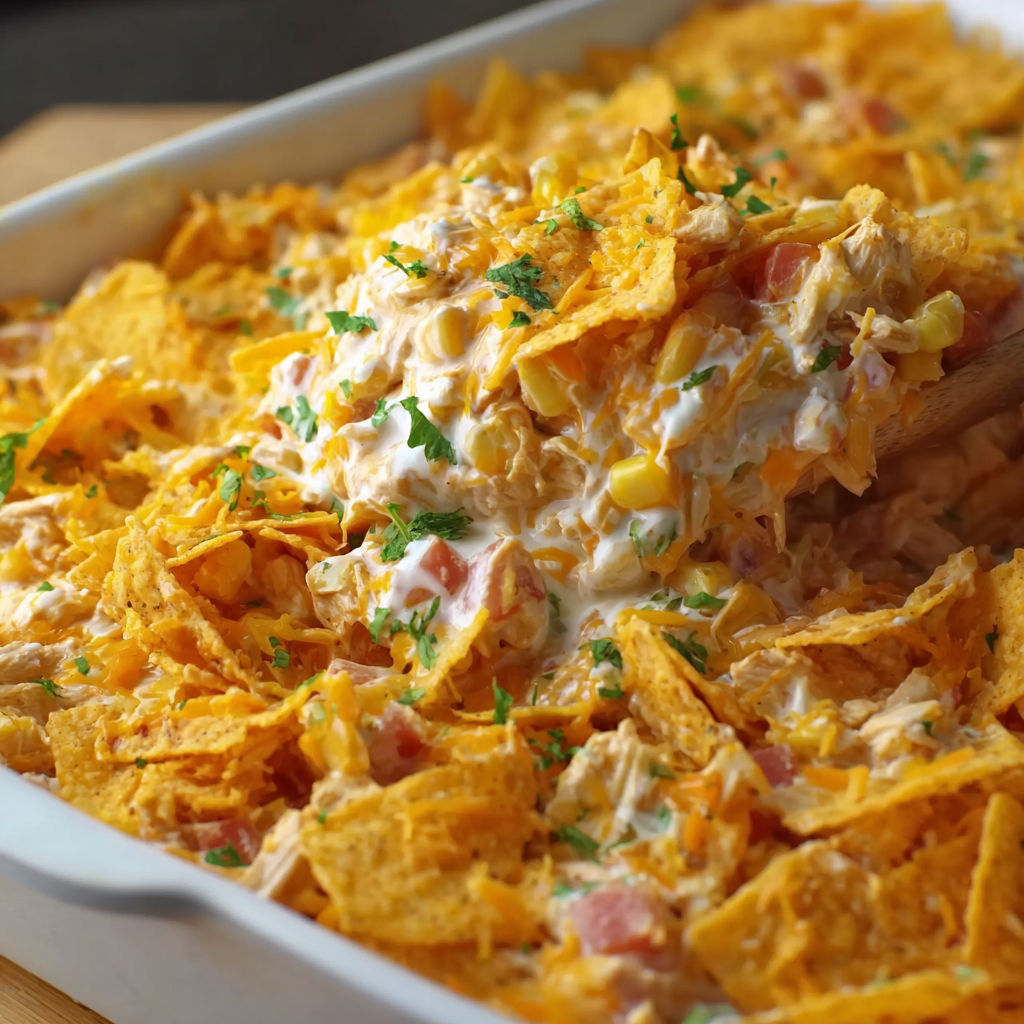 A white dish filled with a delicious Mexican dish, including chicken, corn, and tomatoes, is ready to be served.