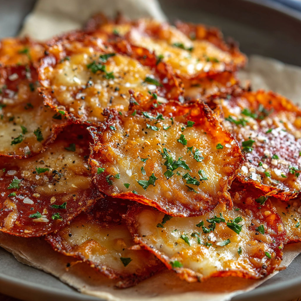 A plate of Pepperoni Cheese Crisps, a delicious and cheesy snack.