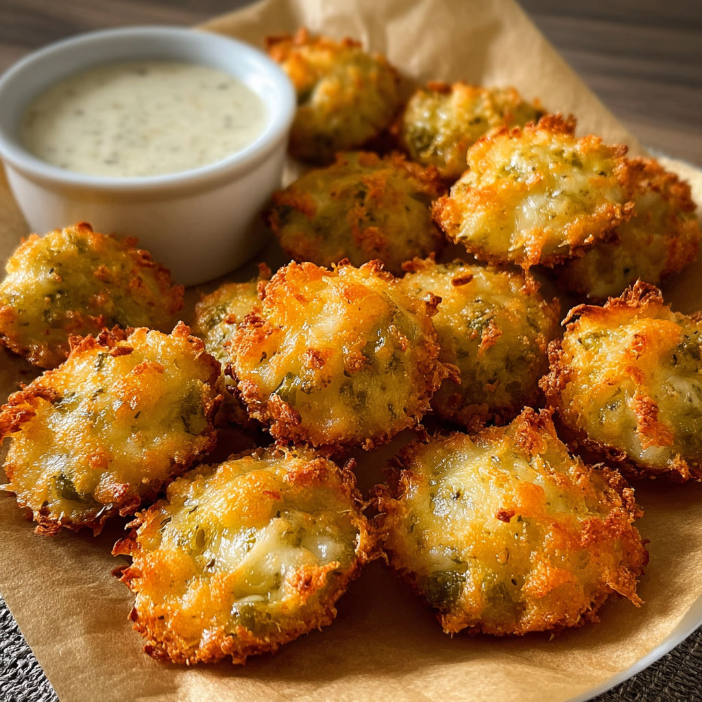 A plate of cheese and herb-stuffed muffins with a bowl of dipping sauce.