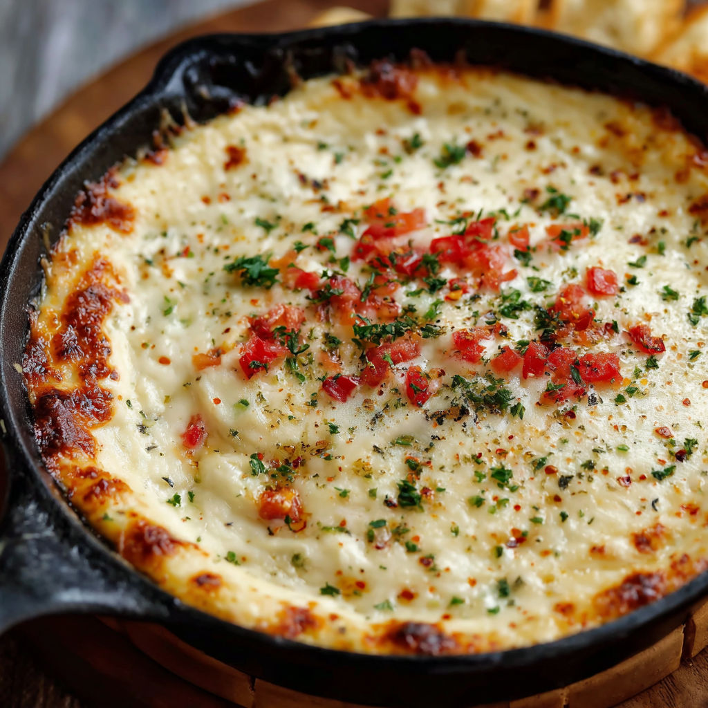 A delicious Smoked Mozzarella Fonduta is ready to be served in a black skillet.
