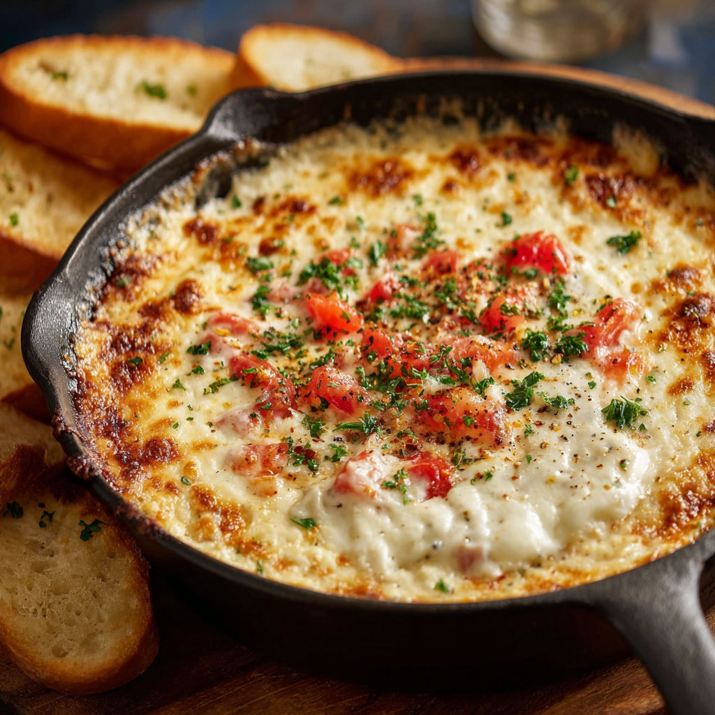 A delicious cheese and tomato dish is served in a black skillet, accompanied by a side of garlic bread.