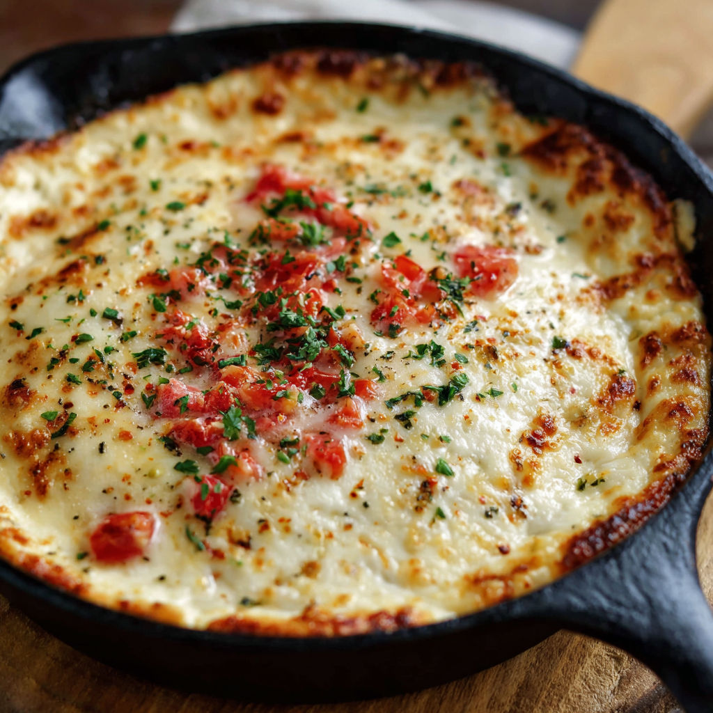 A delicious cheese and tomato dish in a cast iron skillet.