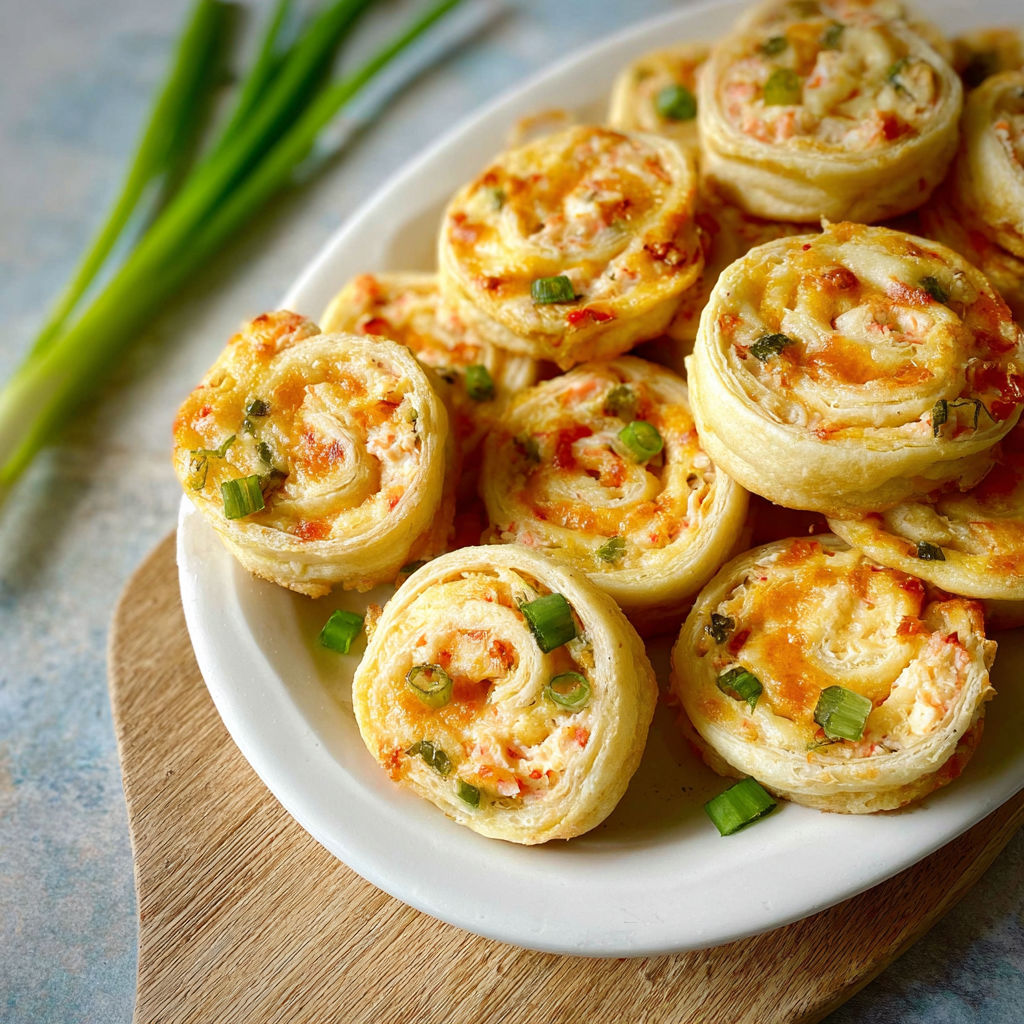 A plate of Crab Rangoon Pinwheels, a delicious appetizer, is displayed on a wooden cutting board.