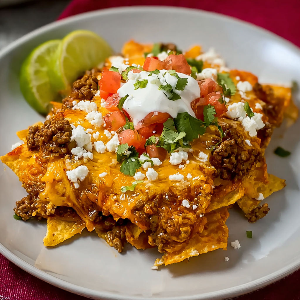 A white plate with a delicious meal of chicken fajitas topped with tomatoes, cheese, and lime wedges.