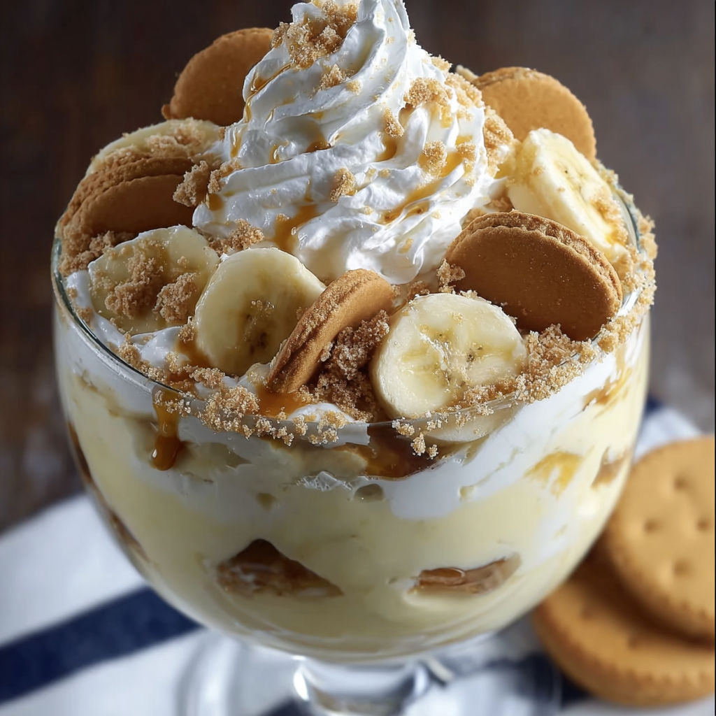A delicious dessert with bananas, whipped cream, and cookies.