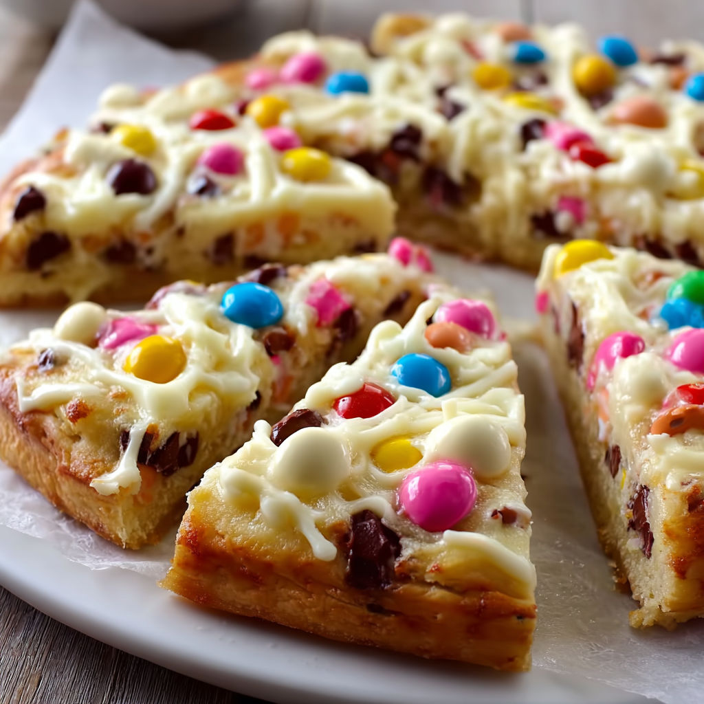 A slice of White Chocolate Brownie Pizza with M&M's on top.